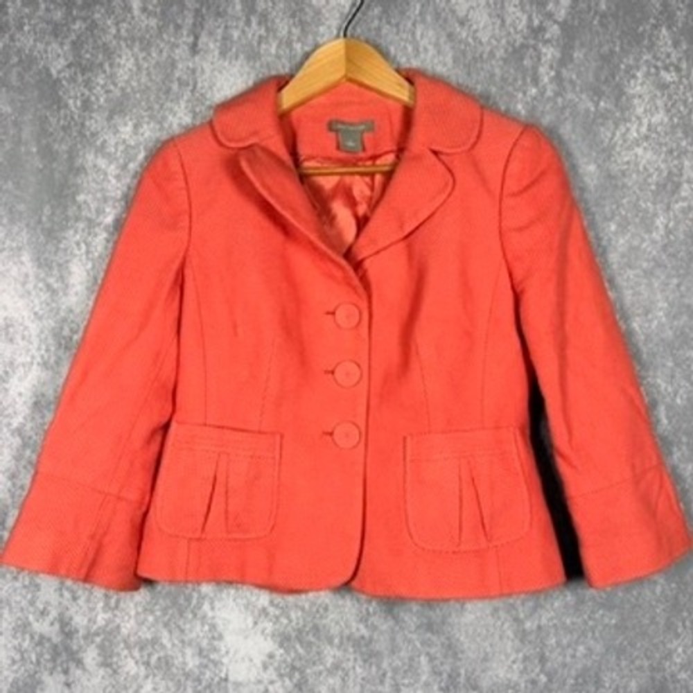 Ann Taylor Blazer Women 4 Coral Orange Textured Peplum 3/4 Sleeve Jacket